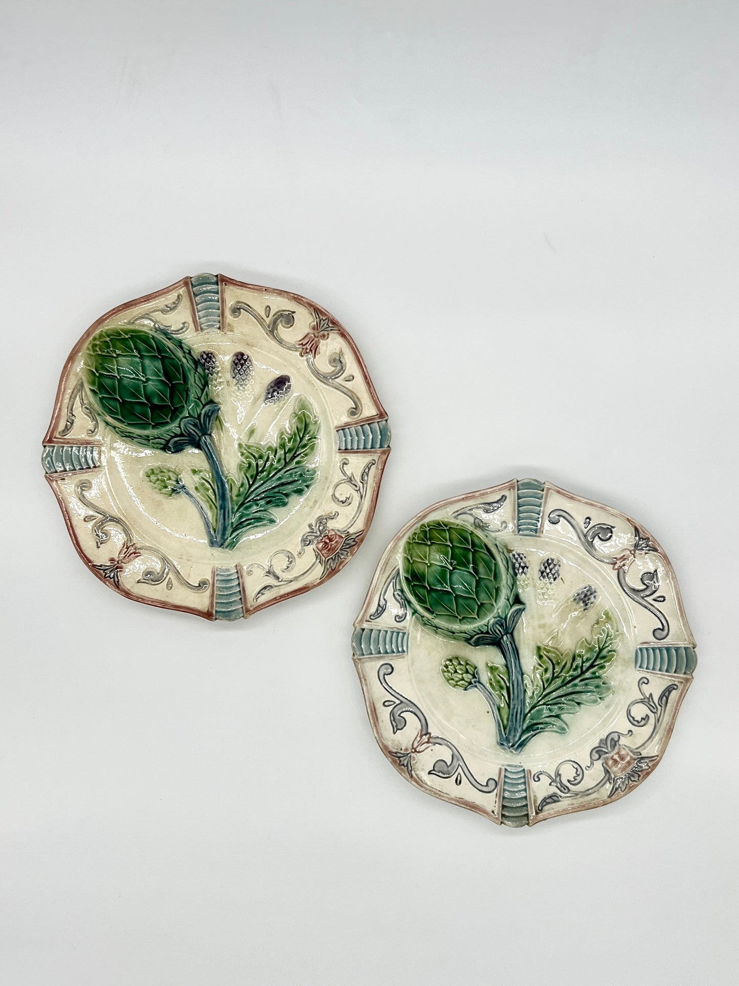 Set of 2 French Antique Barbotine Artichoke Plates